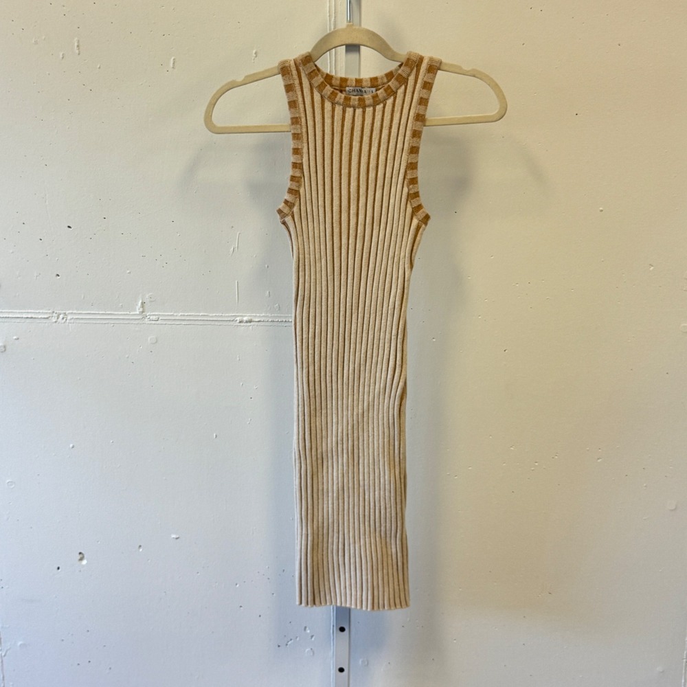 Ghanda Boutique Ribbed Knit Mini Dress Tan Cream Striped Bodycon Sleeveless Sm